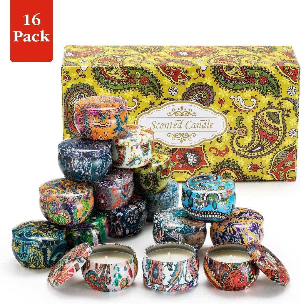 Scented Candles Gift Set, Natural Soy Wax Portable Travel Tin Candles Women Gift with Strongly Fragrance Essential Oils for Stress Relief and Aromatherapy - 16 Pack