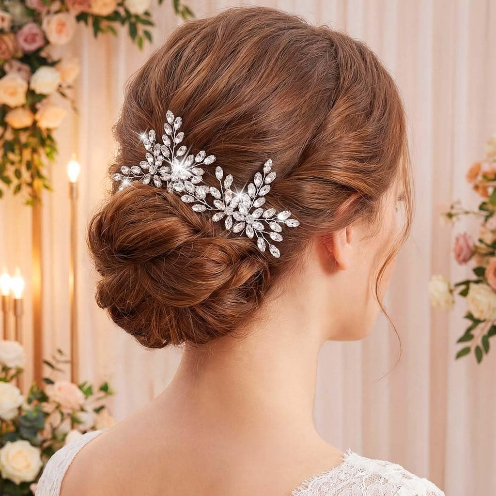 Rhinestone Bride Wedding Hair Pins Bridal Hair Clips Crystal Hair Piece Decorative Bridesmaids Hair Accessories for Women and Girls Pack of 2 (A-Silver)