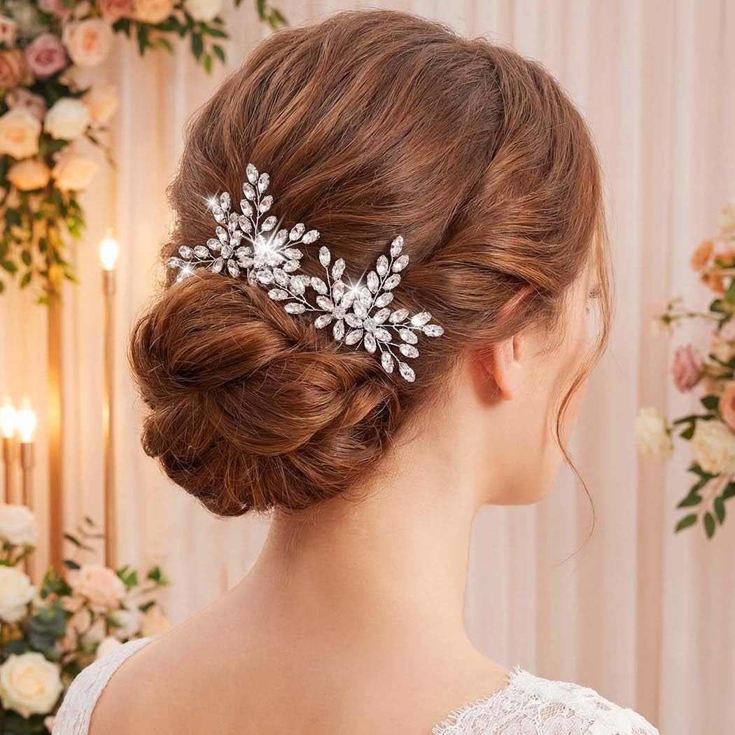 Rhinestone Bride Wedding Hair Pins Bridal Hair Clips Crystal Hair Piece Decorative Bridesmaids Hair Accessories for Women and Girls Pack of 2 (A-Silver)